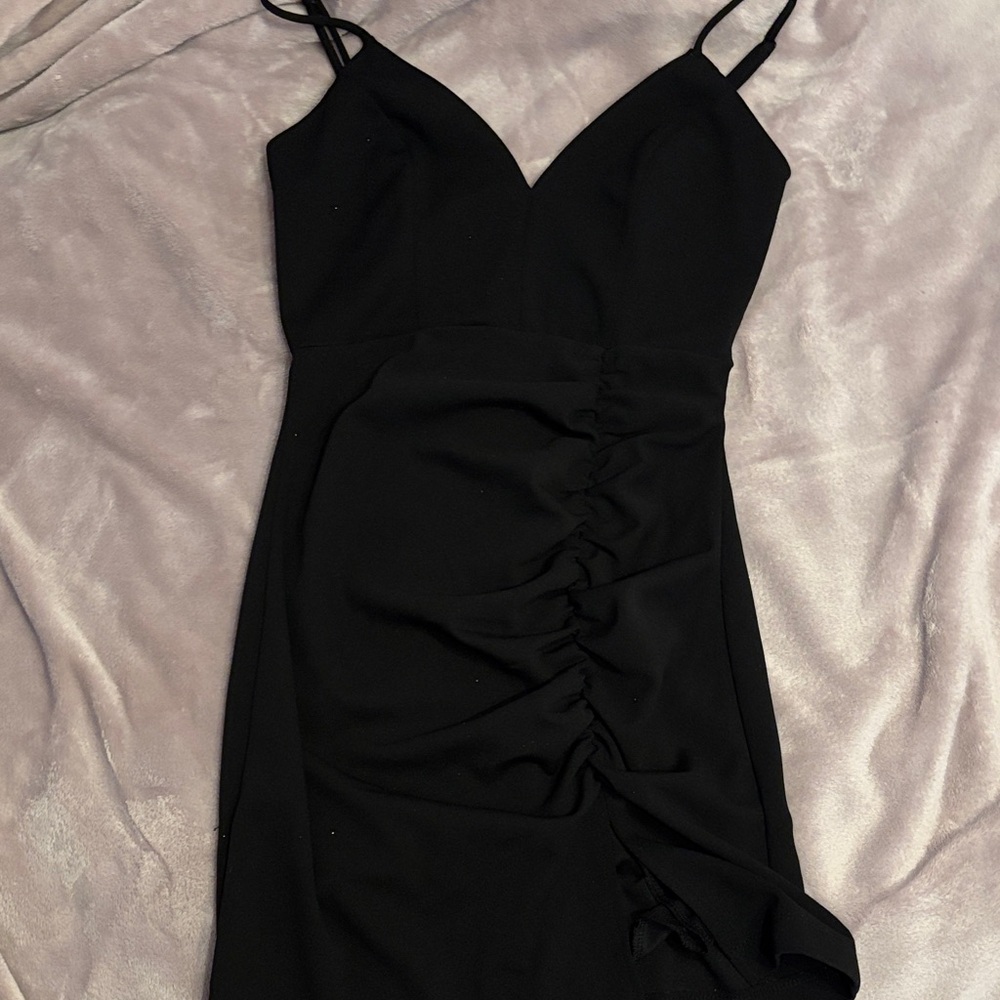 Emerald Sundae Black Ruched Mini Dress